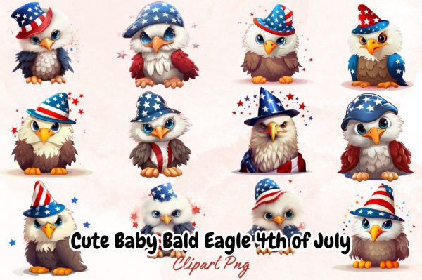 Watercolor Cute Baby Bald Eagle 4th of July Clipart Bundle Online Sale