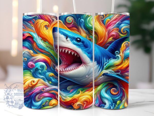 Neon Shark 20oz Skinny Tumbler, Colorful Shark Tumbler Png, Straight & Tapered Tumbler Wrap, Instant Digital Download For Sale