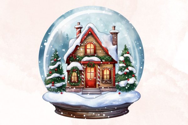 Watercolor Christmas House in Snow Globe Clipart Bundle For Sale