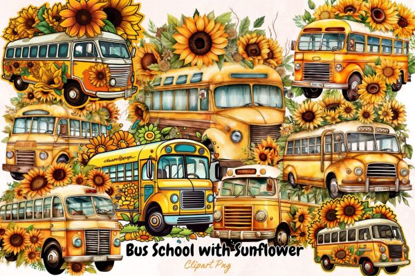 Watercolor Bus School with Sunflower Clipart Bundle Online