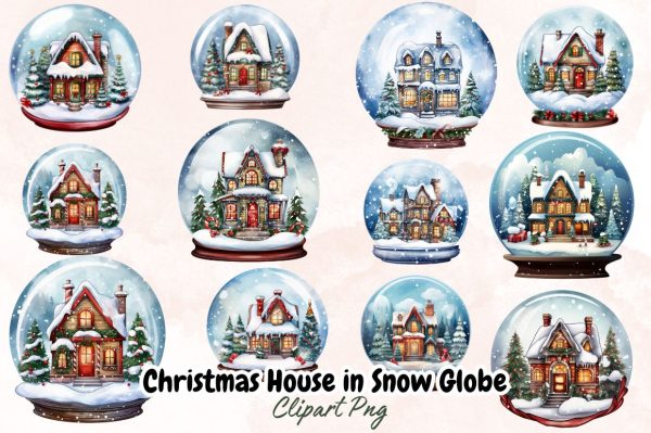 Watercolor Christmas House in Snow Globe Clipart Bundle For Sale - Image 3