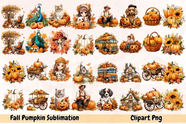 Watercolor Fall Pumpkin Sublimation Clipart Bundle Online