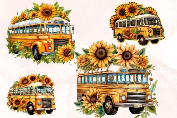 Watercolor Bus School with Sunflower Clipart Bundle Online - Image 2
