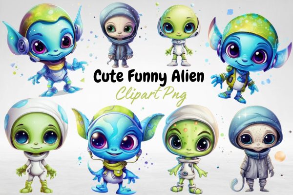 Watercolor Cute Funny Alien Sublimation Clipart Bundle Cheap - Image 2
