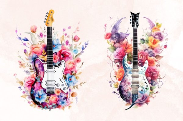 Watercolor Floral Electric Guitar Sublimation Bundle Online Sale - Image 2