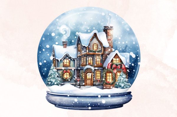 Watercolor Christmas House in Snow Globe Clipart Bundle For Sale - Image 2