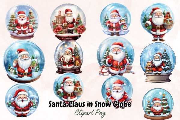 Watercolor Santa Claus in Snow Globe Clipart Bundle Online now - Image 2