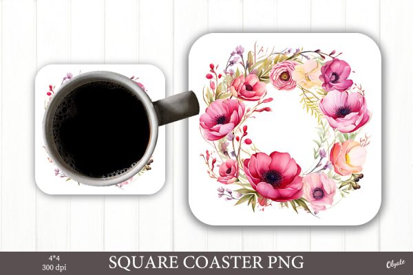 Flower Coaster PNG. Watercolor Floral Sublimation PNG on Sale