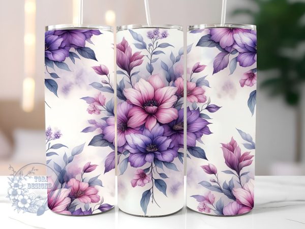 Pink And Purple Flowers 20oz Skinny Tumbler, Flowers Tumbler Png, Straight & Tapered Tumbler Wrap, Instant Digital Download Online