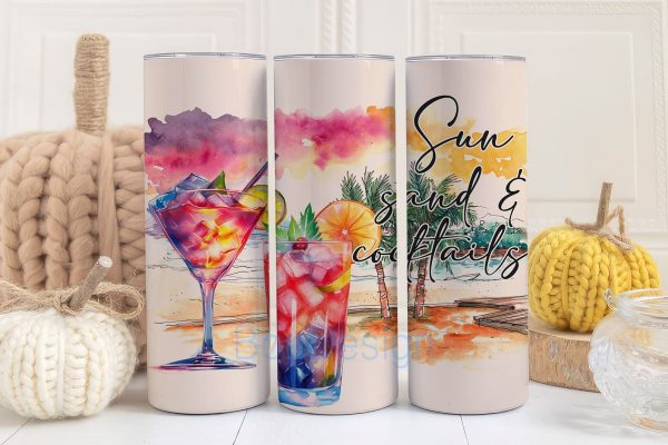 Sun sand & cocktails 20 oz skinny tumbler sublimation design Watercolor Summer Vocation Beach digital PNG Straight wrap Waterslide download Online Sale
