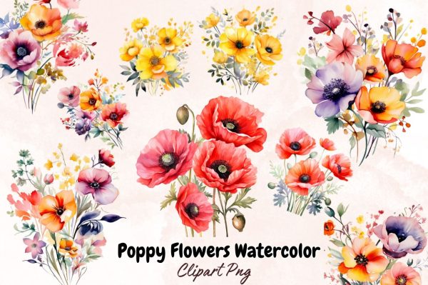 Watercolor Poppy Flowers  Sublimation Bundle Cheap - Image 2