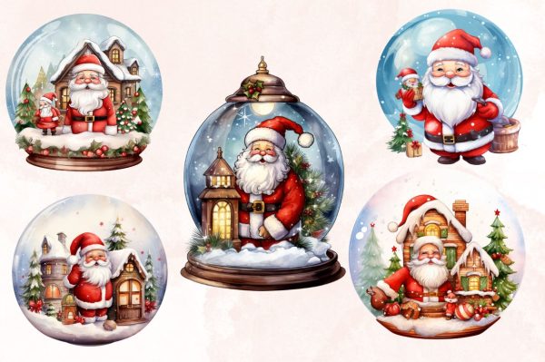 Watercolor Santa Claus in Snow Globe Clipart Bundle Online now