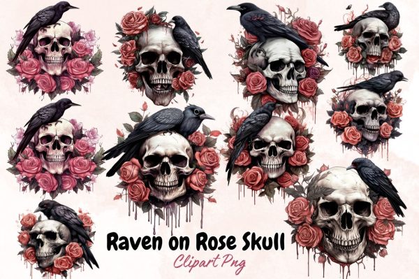 Watercolor Raven on Rose Skull Sublimation Clipart Bundle Supply