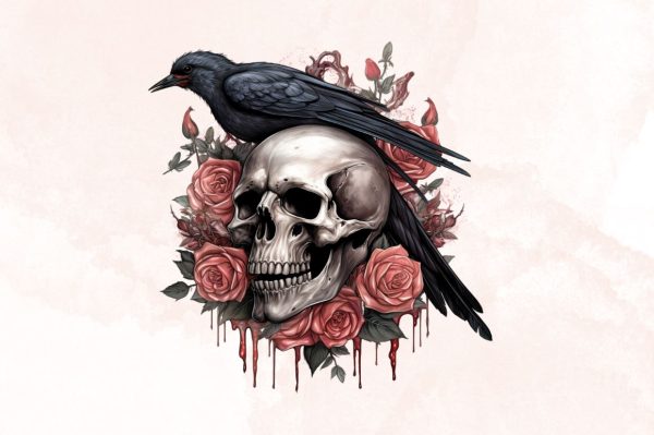 Watercolor Raven on Rose Skull Sublimation Clipart Bundle Supply - Image 3