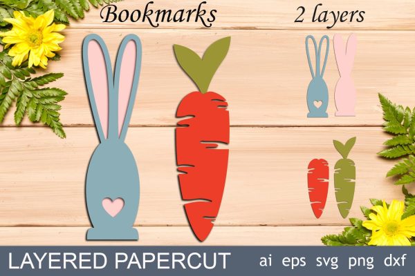 Easter bookmark svg, Bunny and carrot bookmark, Layered papercut Discount