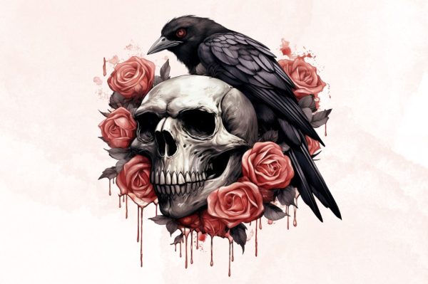 Watercolor Raven on Rose Skull Sublimation Clipart Bundle Supply - Image 2