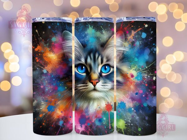 Colourful Cat 20oz Tumbler Wrap Sublimation Design, Straight Tapered Tumbler Wrap, Rainbow Cat Tumbler Png, Instant Digital Download For Sale
