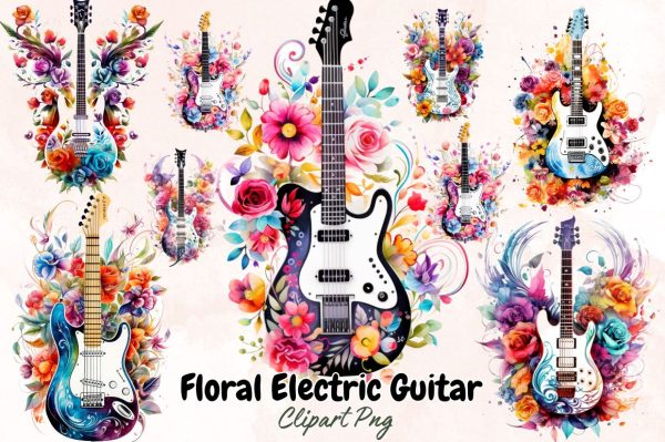 Watercolor Floral Electric Guitar Sublimation Bundle Online Sale - Image 3