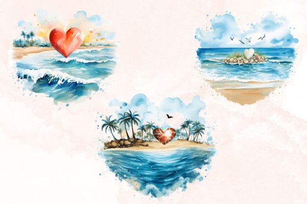 Watercolor Beach Heart  Clipart Bundle Online now