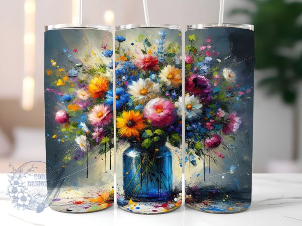 Flowers in Blue Glass Vase 20oz Skinny Tumbler, Flower Lover Tumbler Png, Straight & Tapered Tumbler Wrap, Instant Digital Download Online
