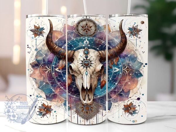 Celestial Cow Skull 20oz Skinny Tumbler, Mystical Bull Skull Graphic Tumbler Png, Straight & Tapered Tumbler Wrap, Instant Digital Download For Cheap