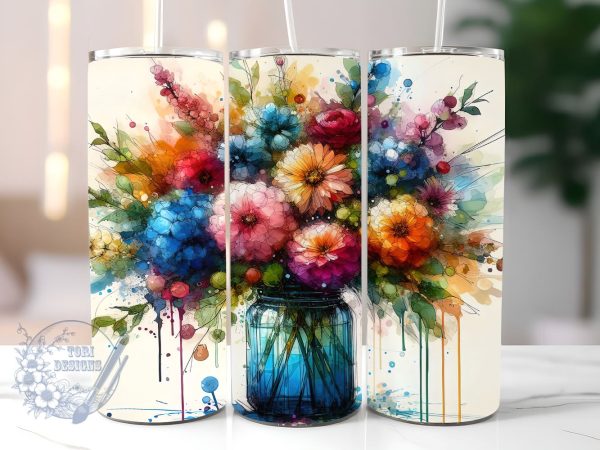 Flowers in Blue Glass Vase 20oz Skinny Tumbler, Flower Lover Tumbler Png, Straight & Tapered Tumbler Wrap, Instant Digital Download Discount