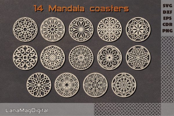 14 Round Mandala coasters svg, Mandala wall decor cut file, Laser cut files on Sale