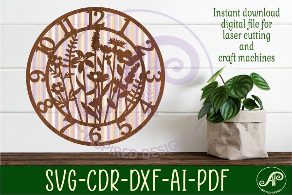 Wild flower wall clock laser cut files, SVG file. vector Cheap
