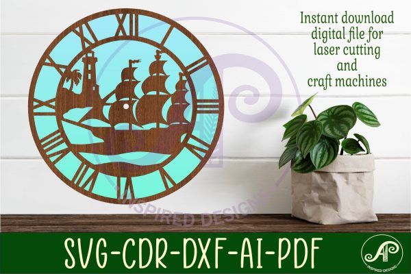 Nautical scene wall clock laser cut files, SVG file. on Sale - Image 2