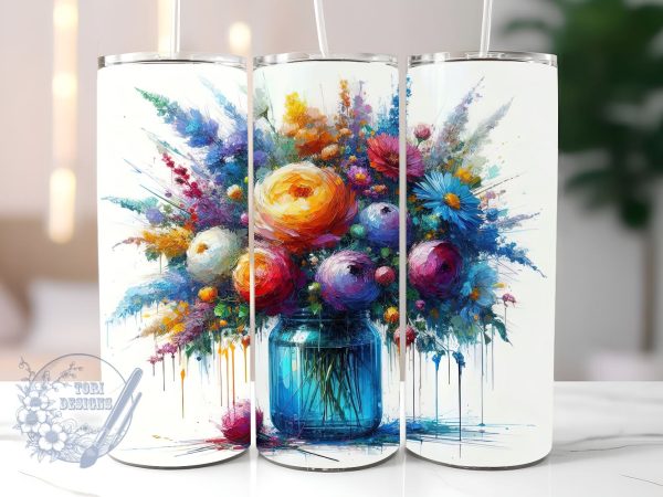 Flowers in Blue Glass Vase 20oz Skinny Tumbler, Flower Lover Tumbler Png, Straight & Tapered Tumbler Wrap, Instant Digital Download For Discount