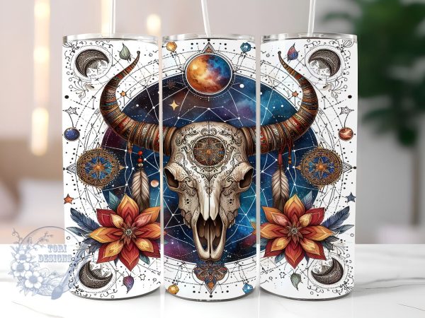 Celestial Cow Skull 20oz Skinny Tumbler, Mystical Bull Skull Graphic Tumbler Png, Straight & Tapered Tumbler Wrap, Instant Digital Download Online