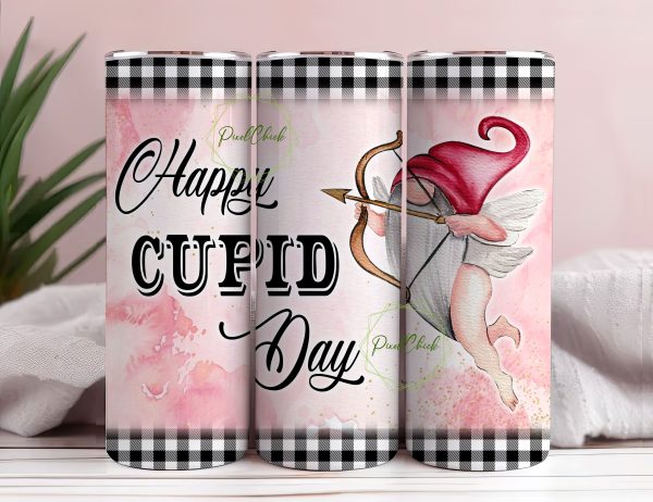 Happy cupid day tumbler PNG design Watercolor Valentine gnome 20 oz skinny tumbler STRAIGHT digital wrap Supply