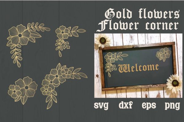 Gold flowers corner border svg, dxf, eps, png Supply - Image 2