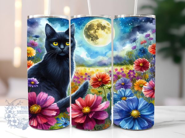 Full Moon Black Cat Floral Celestial 20oz Skinny Tumbler, Black Cat Tumbler Png, Straight & Tapered Tumbler Wrap, Instant Digital Download For Discount