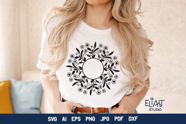 Floral Frame SVG,  Flower Monogram Frame, Round Floral Frame PNG Design. on Sale - Image 4