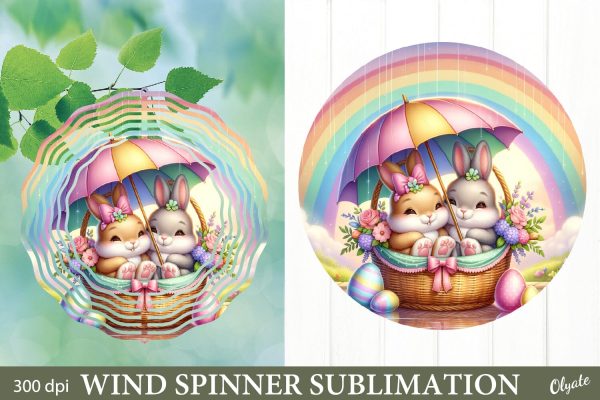 Easter Bunnies Under an Umbrella PNG. Wind Spinner PNG Fashion