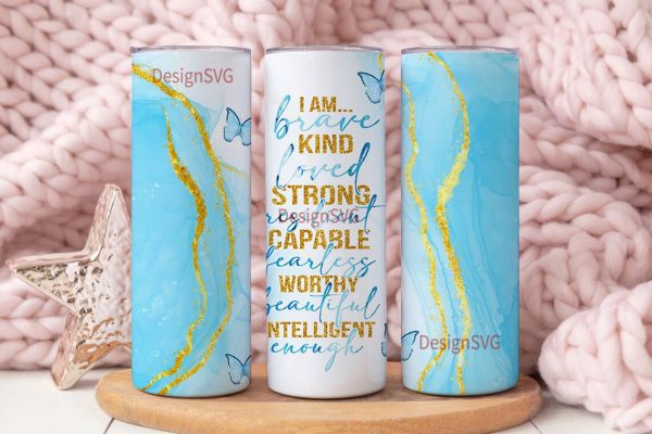 20oz I am Kind Strong Capable Skinny Tumbler Sublimation Png, Butterfly, Marble, Sublimation, Png, Straight &Tapered Tumbler Png Design For Sale