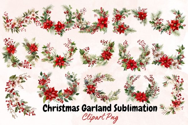 Watercolor Christmas Garland Sublimation Clipart Bundle on Sale - Image 2