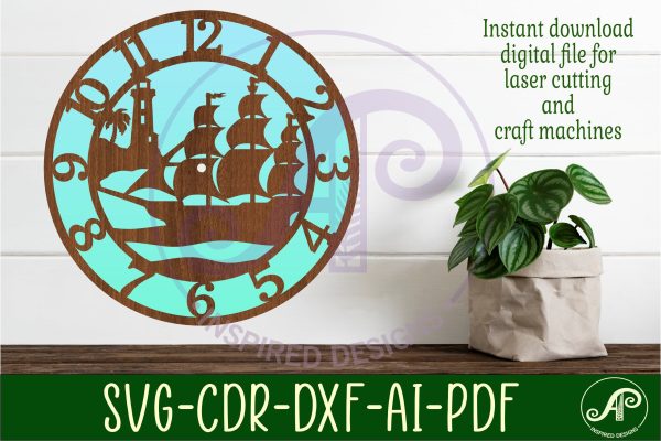 Nautical scene wall clock laser cut files, SVG file. on Sale