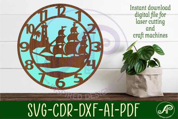 Nautical scene wall clock laser cut files, SVG file. on Sale - Image 3