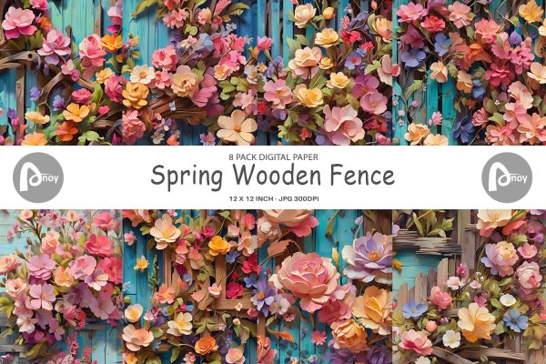 Digital Paper Spring Wooden Fence Online