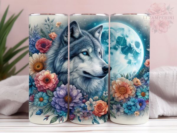 Full Moon Wolf Floral Celestial 20oz Tumbler Wrap PNG, Wolf Tumber Png, Straight & Tapered Tumbler Wrap, Instant Digital Download For Discount