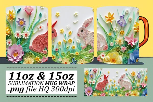 Delightful Easter Bunny Family Mug Design, Sublimation Wrap, 11oz 15oz, 3D Easter Art, Happy Easter on Sale