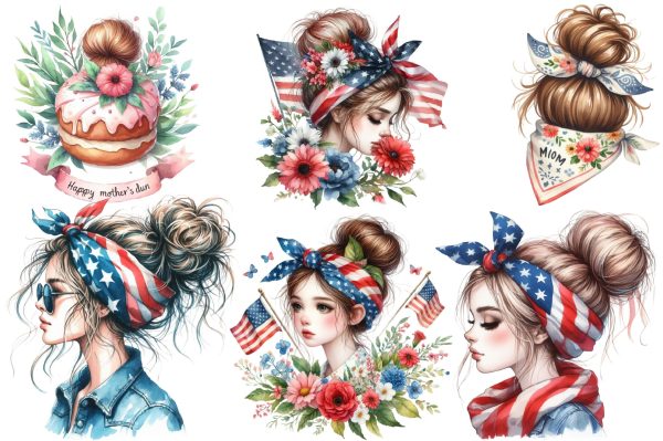 American Messy Bun 4th of July Clipart Fashion - Image 2