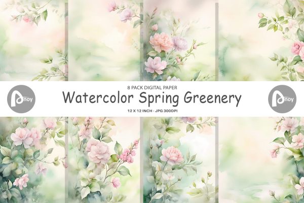 Digital Paper Watercolor Spring Greenery For Sale