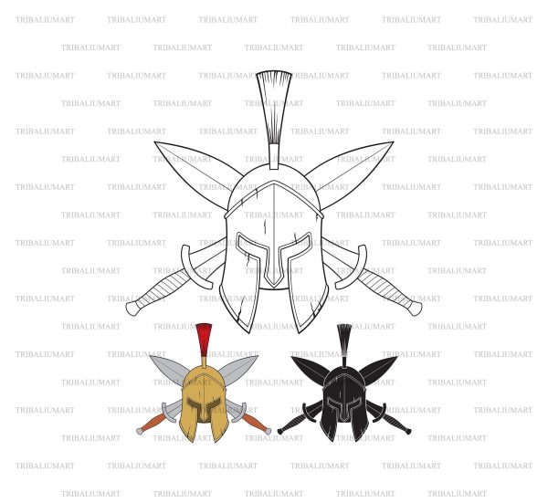 Ancient Spartan helmet (warrior) and crossed Spartan swords Fashion