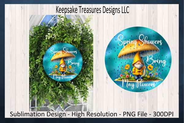 Spring Showers Bring May Flowers, Spring Gnome Wreath Attachment, Sublimation PNG Template, Spring Home Decor, Digital Download Online Hot Sale - Image 4