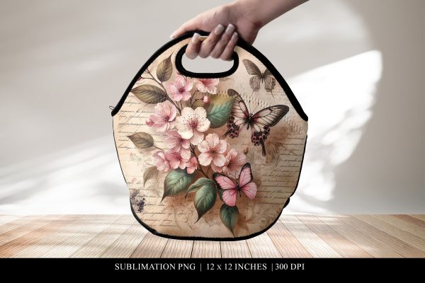 Vintage Floral Butterfly Lunch Bag Design, Sublimation PNG For Discount