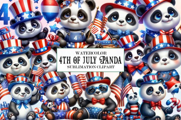 4th of July Panda Watercolour Clipart For Sale