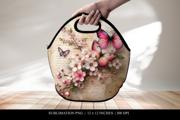 Vintage Floral Lunch Bag Sublimation Design, Butterfly Print Supply